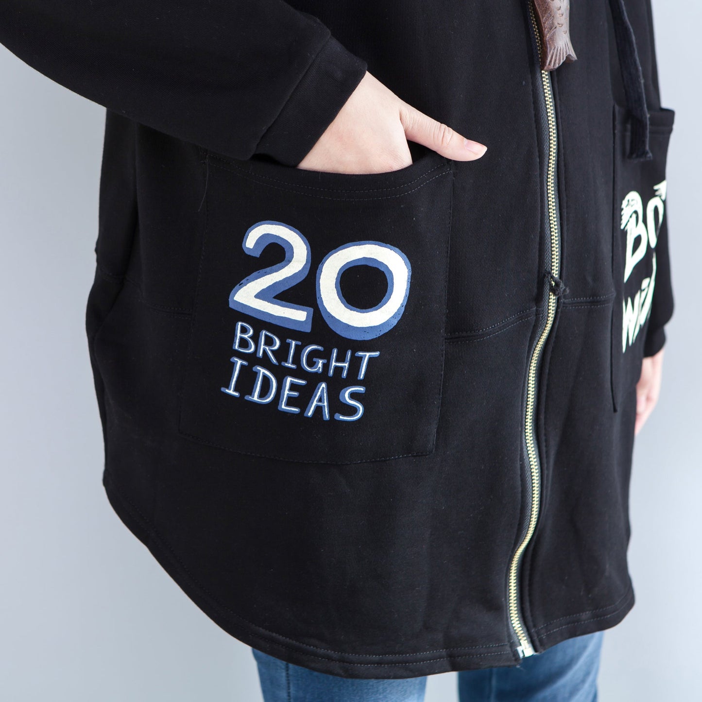 Black Autumn Hooded Cotton Coats Zippered Casaul Cardigans Outwear