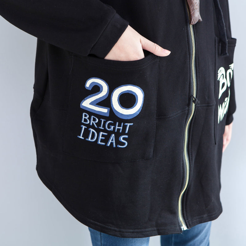 Black Autumn Hooded Cotton Coats Zippered Casaul Cardigans Outwear