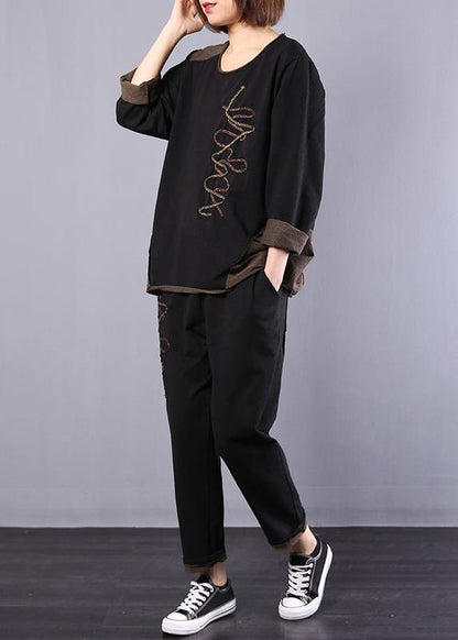 black autumn vintage patchwork tops and casual harem pants two pieces