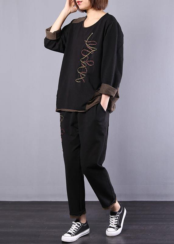Black Autumn Patchwork Tops and Harem Pants Two Pieces