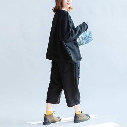 Black Big Pockets Two Pieces Knit Tops With Sweat Pant Oversize Sport Suit