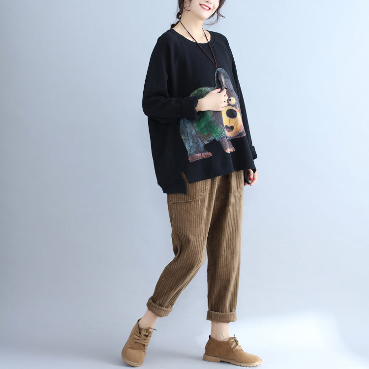 black cartoon decorated casual t shirt plus size long sleeve pullover