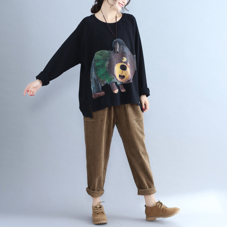 black cartoon decorated casual t shirt plus size long sleeve pullover
