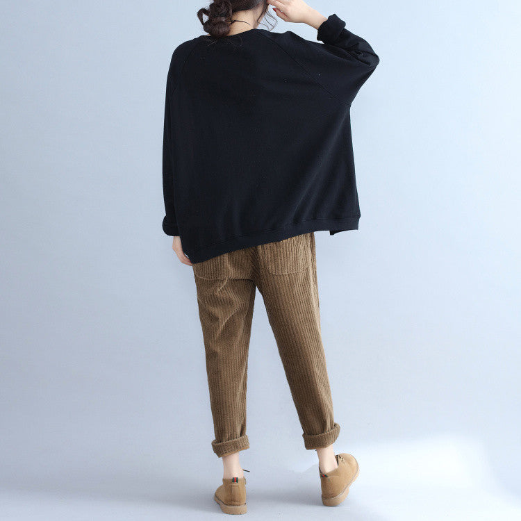 Black Cartoon Decorated T Shirt Long Sleeve Pullover