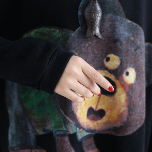 Black Cartoon Decorated T Shirt Long Sleeve Pullover