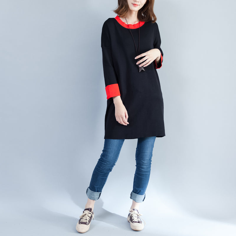 Black Cotton Sweater Tops Oversize Long Sleeve Pullover