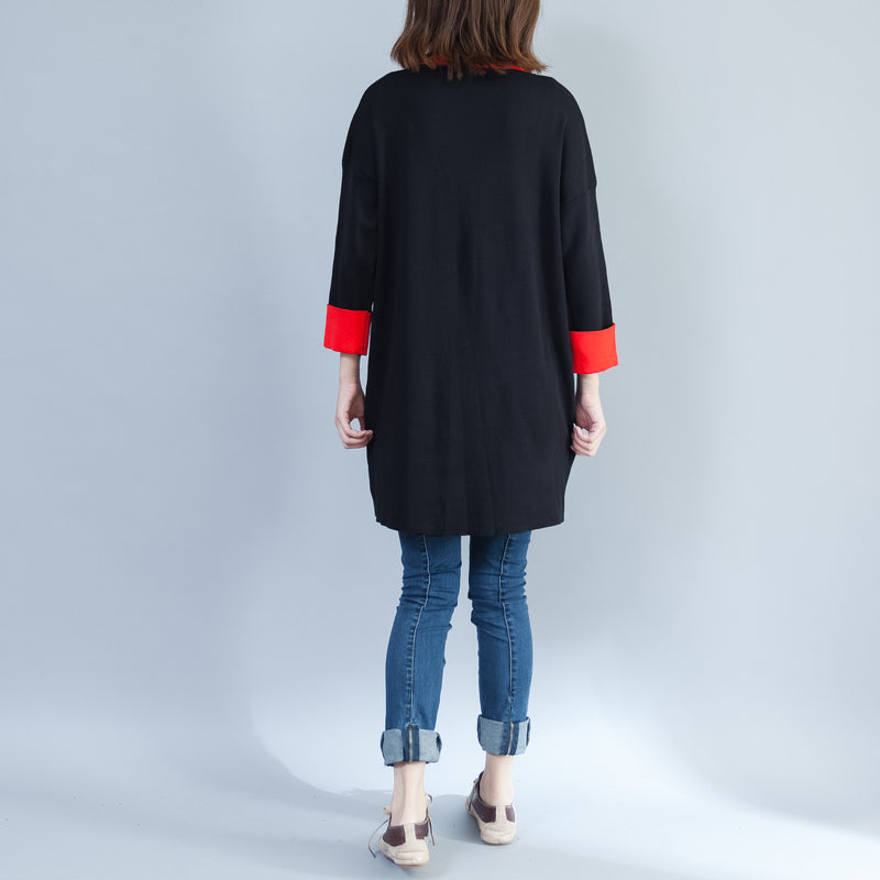 Black Cotton Sweater Tops Oversize Long Sleeve Pullover