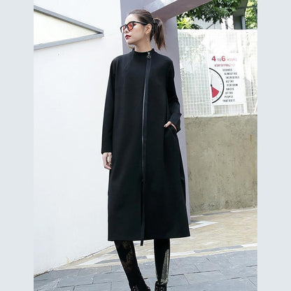 Black Cotton Coats Stand Collar Long Coat Zippered Coat