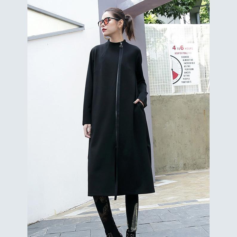 Black Cotton Coats Stand Collar Long Coat Zippered Coat