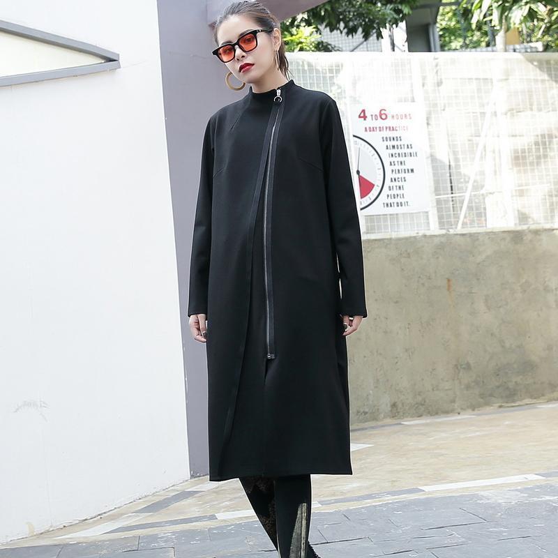 Black Cotton Coats Stand Collar Long Coat Zippered Coat