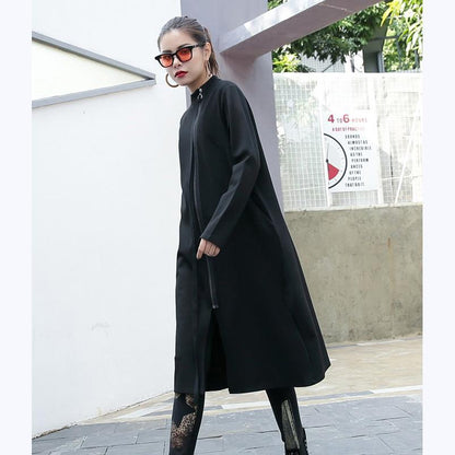 Black Cotton Coats Stand Collar Long Coat Zippered Coat