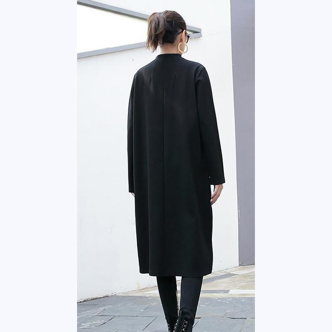 Black Cotton Coats Stand Collar Long Coat Zippered Coat
