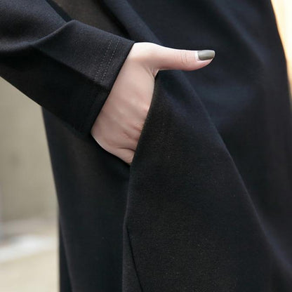 Black Cotton Coats Stand Collar Long Coat Zippered Coat