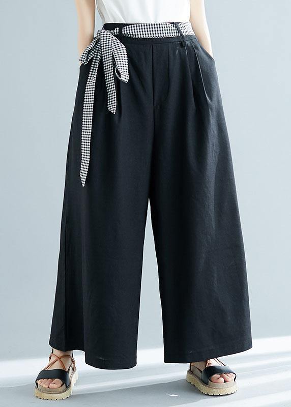 Black Cotton Blended Wide Leg Pants Tie Waist Trousers