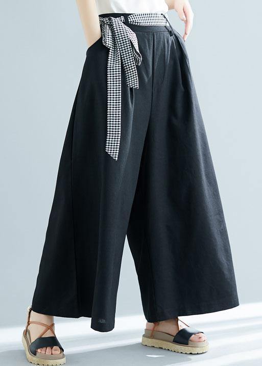 Black Cotton Blended Wide Leg Pants Tie Waist Trousers