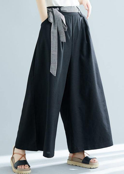 Black Cotton Blended Wide Leg Pants Tie Waist Trousers