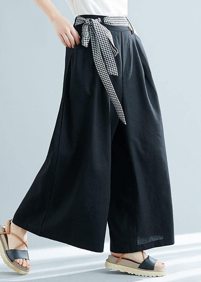 Black Cotton Blended Wide Leg Pants Tie Waist Trousers
