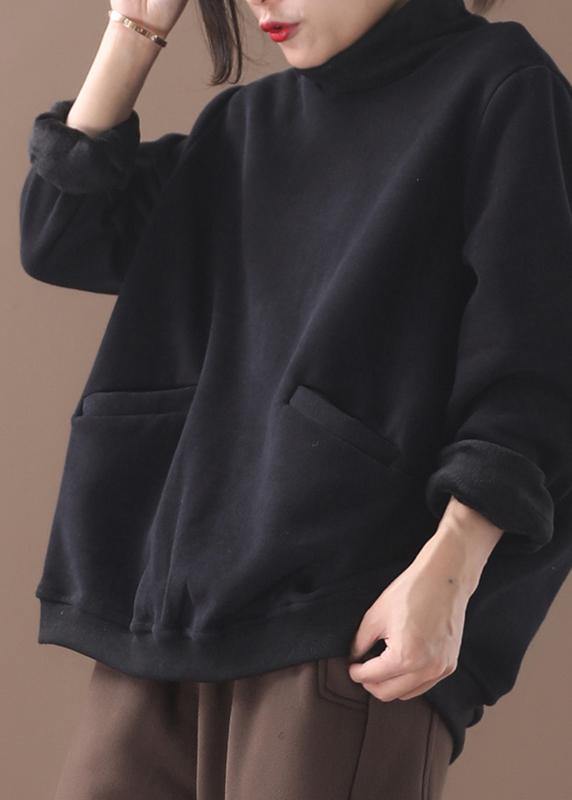 black cotton clothes two pockets Plus Size Clothing patchwork high neck shirts