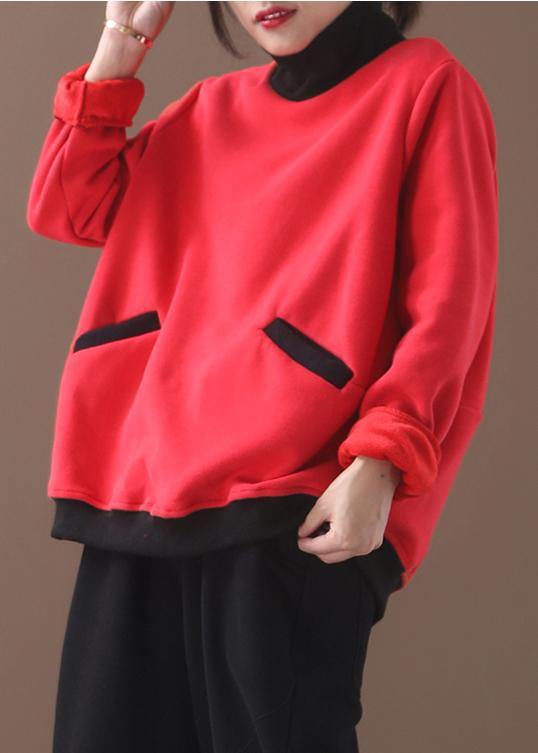 black cotton clothes two pockets Plus Size Clothing patchwork high neck shirts