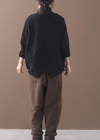 Black Cotton Clothes Two Pockets Clothing Patchwork High Neck Shirts
