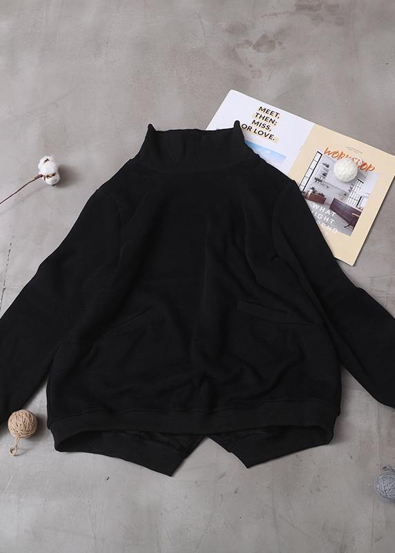Black Cotton Clothes Two Pockets Clothing Patchwork High Neck Shirts