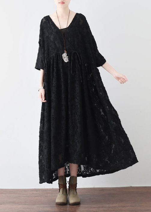 Black Cross Neck Lace Dresses Lace Caftans Tunic High Waist Design
