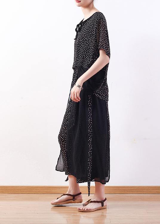 Black Dotted Chiffon Pullover Tops With Patchwork Pants Two Pieces