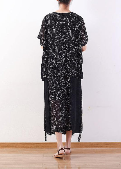 Black Dotted Chiffon Pullover Tops With Patchwork Pants Two Pieces