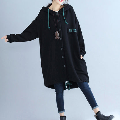 Black Back Prints Cotton Trench Coats Hooded Winter Outfits