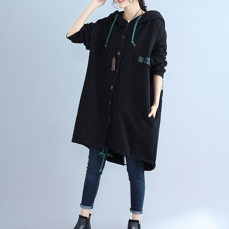 Black Back Prints Cotton Trench Coats Hooded Winter Outfits