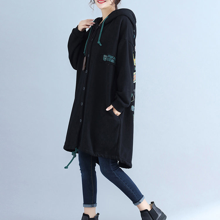 Black Back Prints Cotton Trench Coats Hooded Winter Outfits