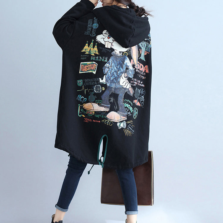 Black Back Prints Cotton Trench Coats Hooded Winter Outfits