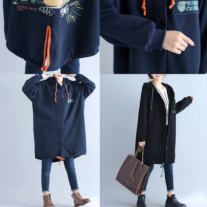 Black Back Prints Cotton Trench Coats Hooded Winter Outfits