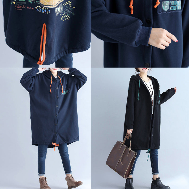 Black Back Prints Cotton Trench Coats Hooded Winter Outfits