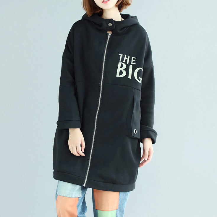 Black Cotton Prints Coats Oversize Zippered Long Sleeve Trench Coat Hooded Winter Outfits