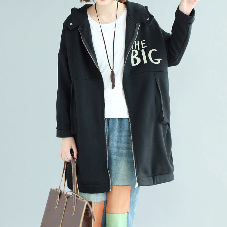Black Cotton Prints Coats Oversize Zippered Long Sleeve Trench Coat Hooded Winter Outfits