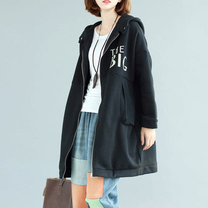 Black Cotton Prints Coats Oversize Zippered Long Sleeve Trench Coat Hooded Winter Outfits