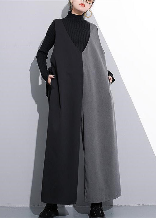 Black Gray Patchwork Cotton V Neck Jumpsuit Pants Wide Leg Pants