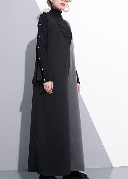 Black Gray Patchwork Cotton V Neck Jumpsuit Pants Wide Leg Pants