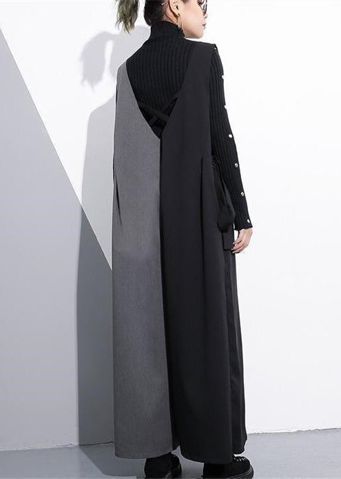 Black Gray Patchwork Cotton V Neck Jumpsuit Pants Wide Leg Pants