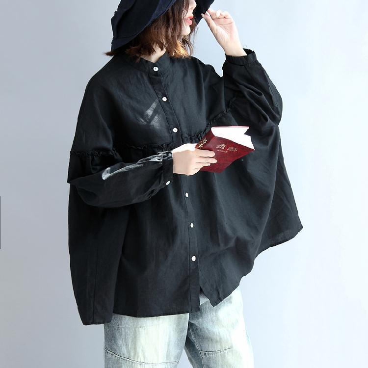 Black Long Sleeved Cotton Blouses Oversize Cozy Cotton Tops Shirts