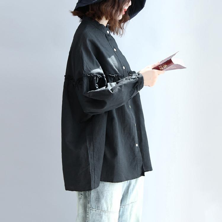 Black Long Sleeved Cotton Blouses Oversize Cozy Cotton Tops Shirts