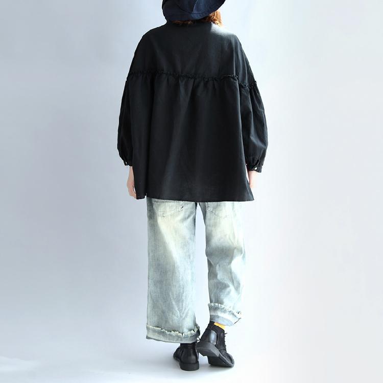 Black Long Sleeved Cotton Blouses Oversize Cozy Cotton Tops Shirts