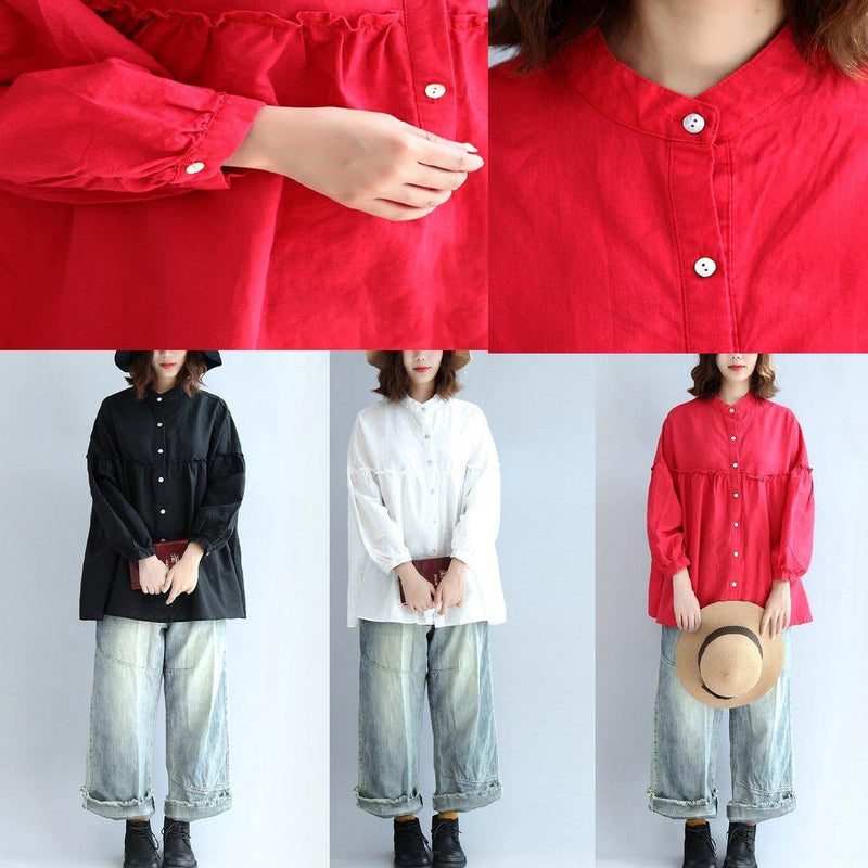 Black Long Sleeved Cotton Blouses Oversize Cozy Cotton Tops Shirts