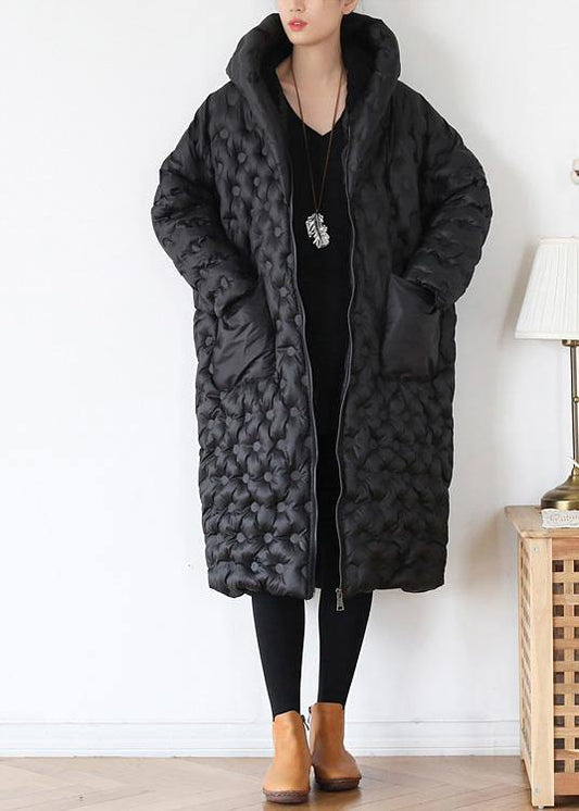 Black Loose Large Size Hooded Long Padded Jacket Cotton Thick Coat