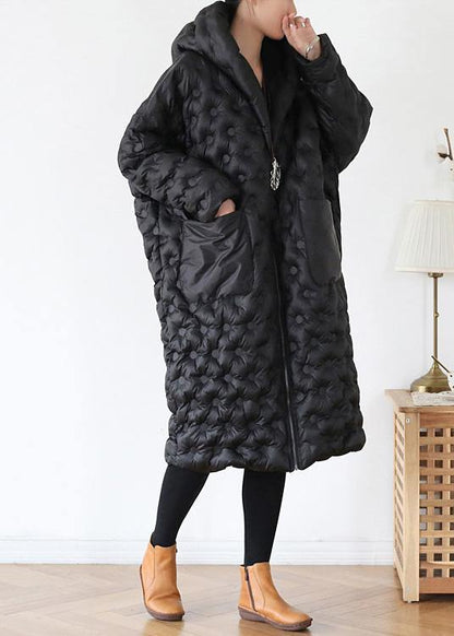 Black Loose Large Size Hooded Long Padded Jacket Cotton Thick Coat