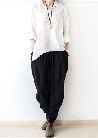 Black Oversized Linen Carrot Pants Cotton Pants Loose Harem Pants