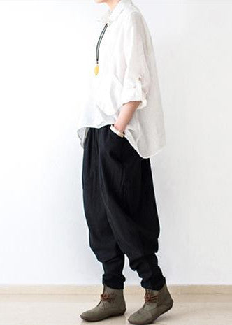 Black Oversized Linen Carrot Pants Cotton Pants Loose Harem Pants