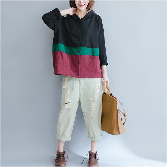 Black Patchwork Chunky Cotton Coats Hooded Outwear