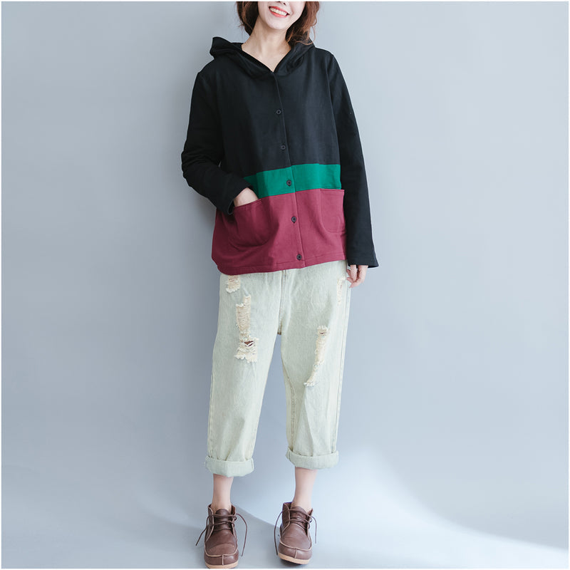 Black Patchwork Chunky Cotton Coats Hooded Outwear